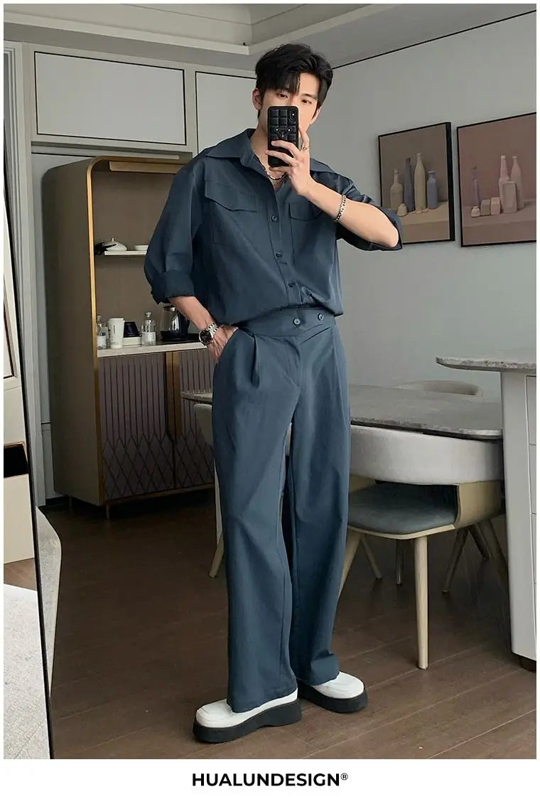 Riolio Men's Shirt Pants Set High-end Shirt Suit Trendy Spring Handsome Long-sleeved Top Loose Straight Trousers Two-piece Set