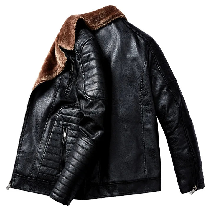 Riolio Male Outerwear Bomber Leather Jacket High-end Men's Fleece Warm Motorcycle Suit Collar Jackets Moto Biker PU Baseball Jackets
