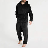 Riolio Mens Winter Fleece Warm Pajama Set Soft Home Solid Color Pockets Hooded Pullover Tops And Pants Thick Plush Sleepwear Homewear