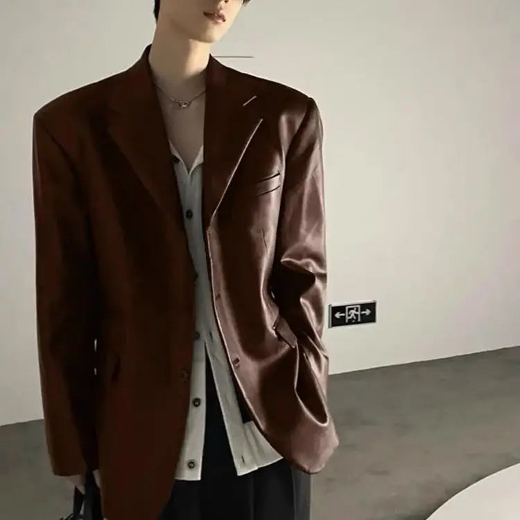 Riolio American Leather Jacket Retro Outfit Handsome High-end Men's Niche Shoulder Pad Suit Black PU Leather Jacket Chic Streetwear