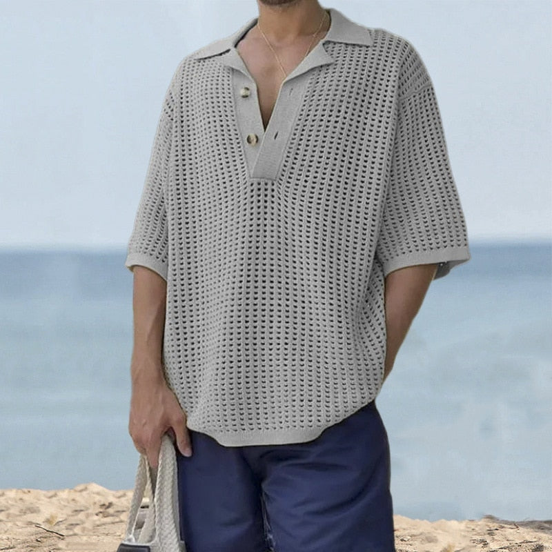 Riolio Spring Summer Mens Leisure Polo Shirts Solid Color Short Sleeve Button Lapel Knitting Tops Men Clothes Casual Loose Polos