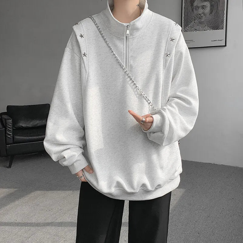 Riolio Men hoodie  Stand Collar Half Zip Sweatshirt Star Shoulder Design New Fashion Casual Streetwear Comfort Athletic Pullover