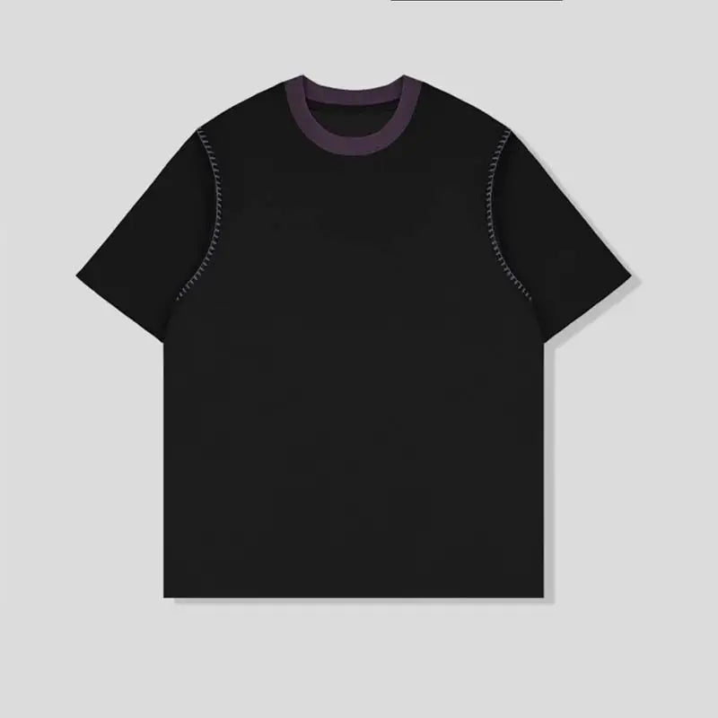 Riolio Men Cotton Tshirt Round Neck Contrast Collar Loose Fit Streetwear Summer Tee Shirt Breathable Soft Casual Comfort Mens Clothing