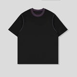 Riolio Men Cotton Tshirt Round Neck Contrast Collar Loose Fit Streetwear Summer Tee Shirt Breathable Soft Casual Comfort Mens Clothing