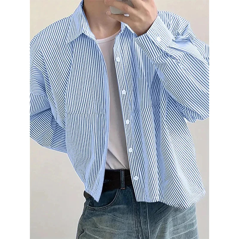 Riolio  New Japanese Trendy Men Shirts Light Luxury Textured Lapel Striped Long Sleeve Cardigan Tops Leisure Premium Loose Blouse M-2XL