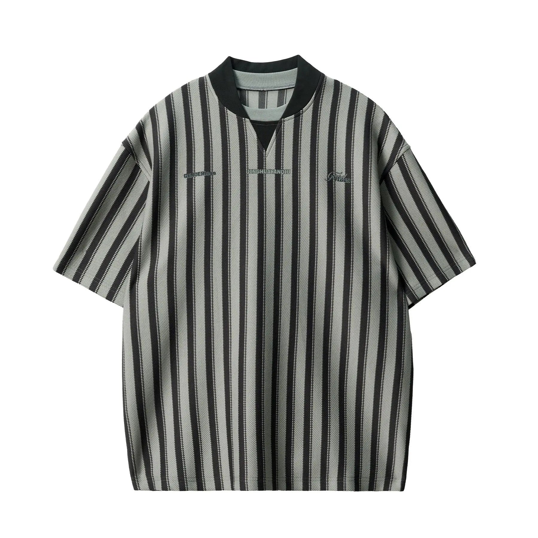 Riolio Preppy Retro Shirt Double-paired V-neck Striped Short-sleeved T-shirt Loose Casual Embroidered Letter Printed Shirt