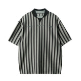 Riolio Preppy Retro Shirt Double-paired V-neck Striped Short-sleeved T-shirt Loose Casual Embroidered Letter Printed Shirt