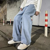 Riolio Korean Fashion Men's Baggy Jeans Elastic Waist  Classic olid Color Straight-leg Denim Wide-leg Pants Male Light Blue Grey Black