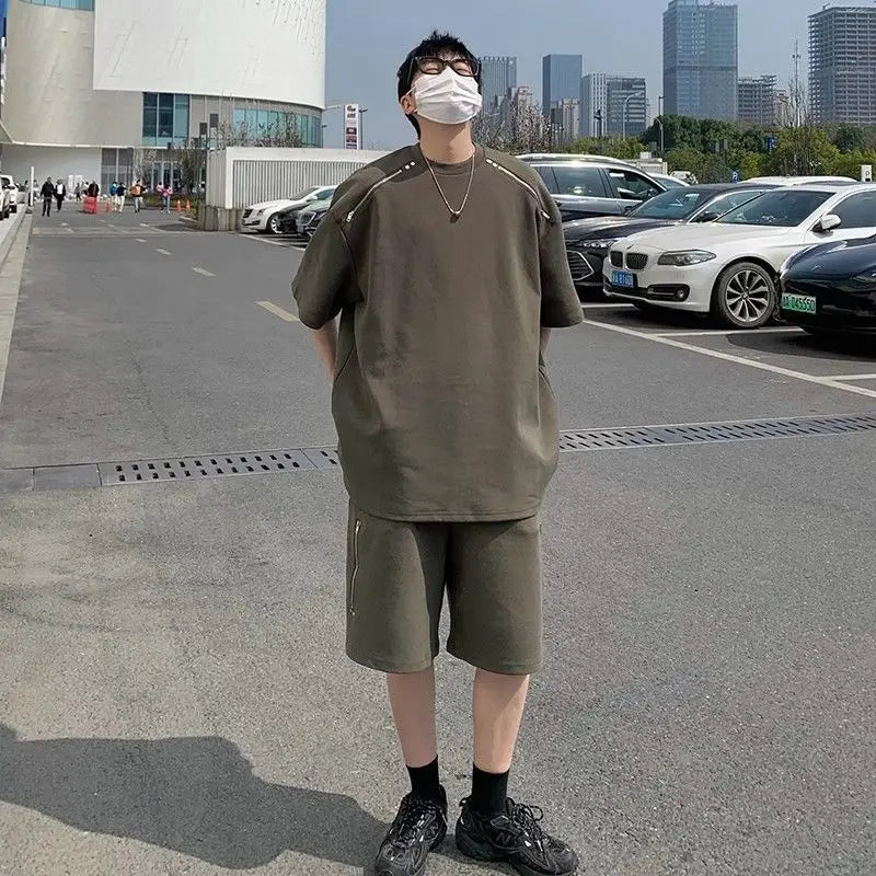 Riolio American Heavy Double Zipper Sports Suit Men's Summer Trendy Design Handsome Short-sleeved Shorts Casual Two-piece Set Urban