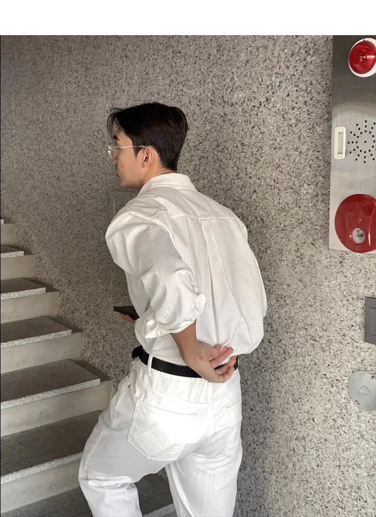 Riolio New Men Luxury Korean Style Shirts Casual Long Sleeve Drapped Solid Color Button-down Cardigan Fashion Business Leisure Blouse