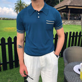 Riolio Spring Summer Knit Polo Shirt Men Casual Turn-down Collar Button Fashion Striped Solid Slim Tops Newest Ice Silk Cotton Knitwear