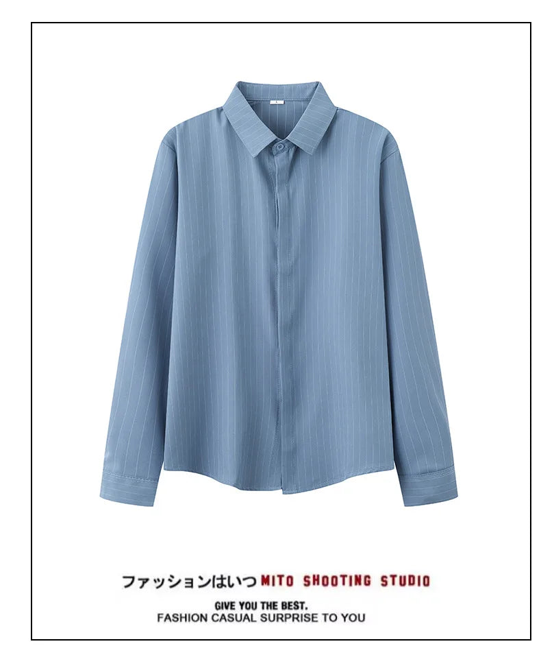 Riolio  New Naples Business Men Shirts Light Luxury Textured Lapel Striped Long Sleeve Cardigan Leisure Premium Commuter Blouse S-4XL