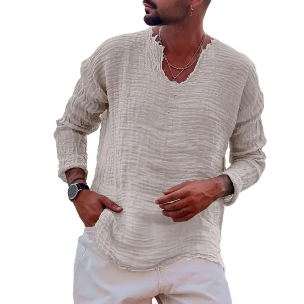 Riolio Men V-neck Long Sleeve Shirt Tops Burr Edge Pleated Loose Thin Pullover Tops Streetwear Spring Autumn Casual Handsome Men Shirts