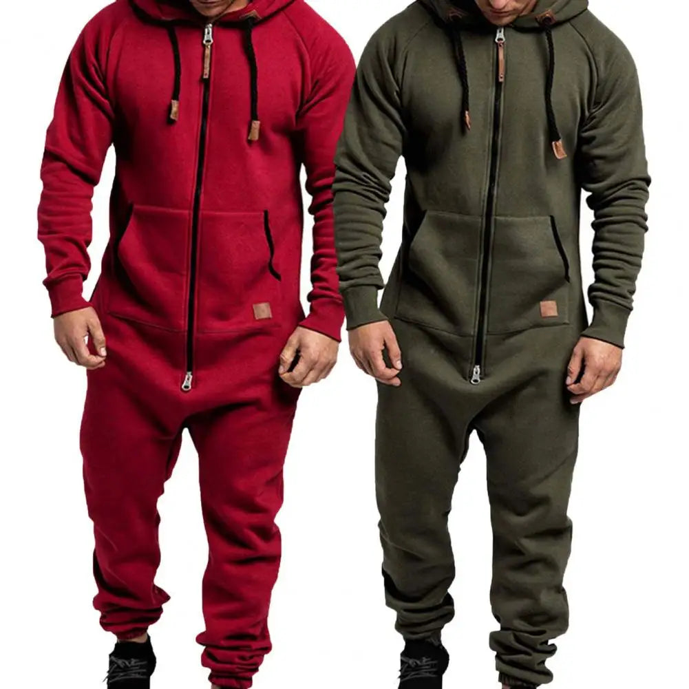 Riolio Mens Onesie Jumpsuit Pajamas Long Sleeve Sweatpants Pure Color Splicing Autumn Winter Casual Hoodie Male Zipper Jumpsuit