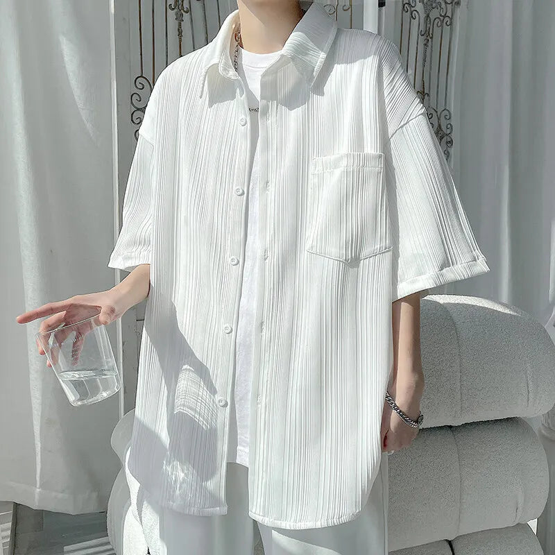 Riolio Summer Short Sleeved Shirt Men Black White Casual Shirt Men Streetwear Korean Loose Pleated Shirt Mens Ice Silk Shirts 4XL