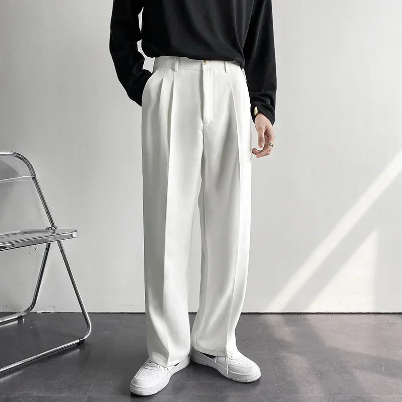 Riolio New Men White Straight Pants Fashion Korean Loose Suit Trousers Casual Draped Baggy White Wide Pant Male Streetwear