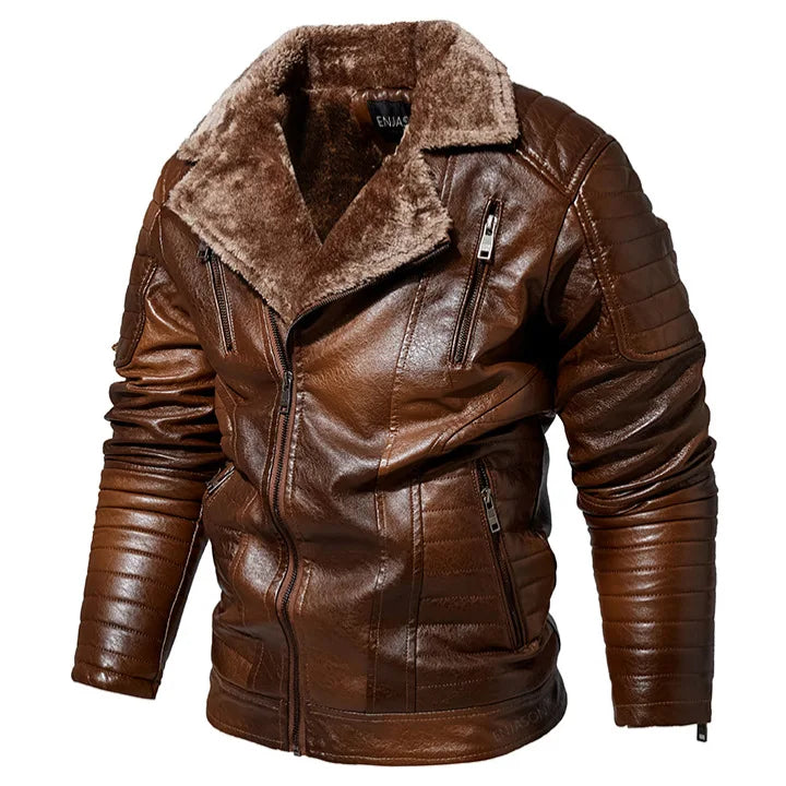 Riolio Male Outerwear Bomber Leather Jacket High-end Men's Fleece Warm Motorcycle Suit Collar Jackets Moto Biker PU Baseball Jackets