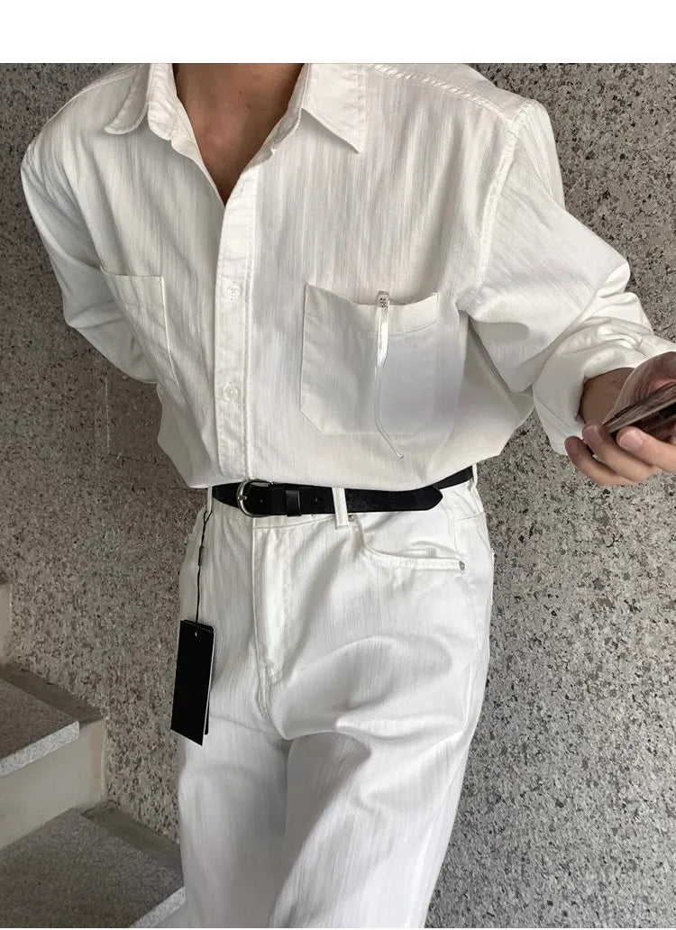 Riolio New Men Luxury Korean Style Shirts Casual Long Sleeve Drapped Solid Color Button-down Cardigan Fashion Business Leisure Blouse