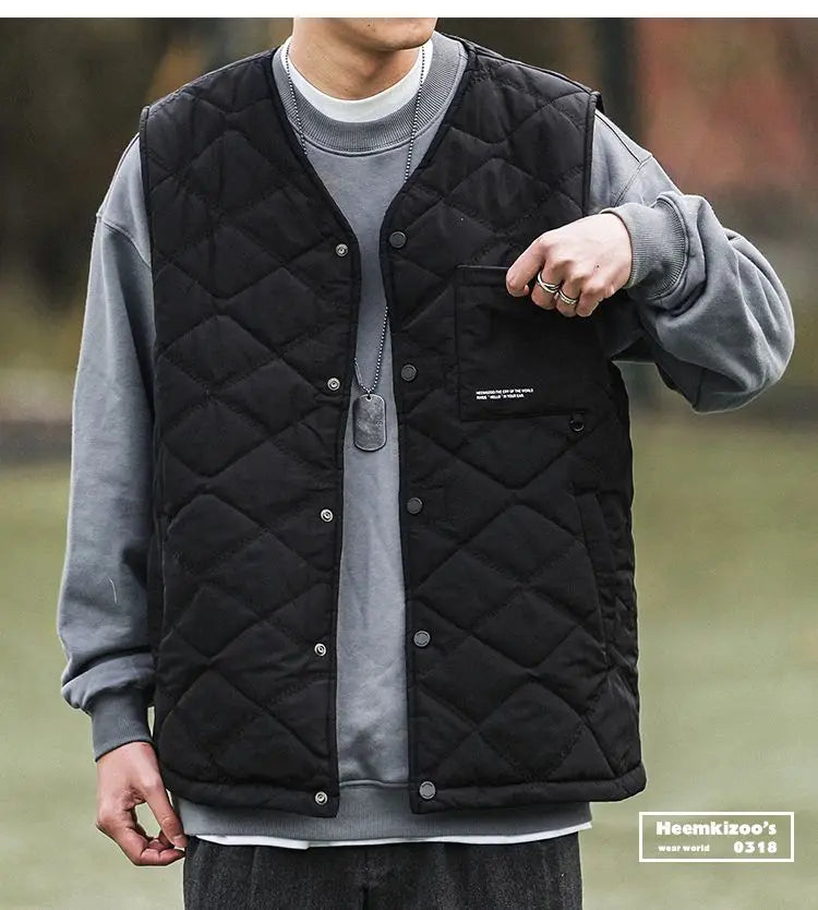 Riolio Cotton-layered Fashionable Vest Men with Autumn Winter Simple Casual Light Heated Inner Vest Cardigan Work Vest Top Aesthetic