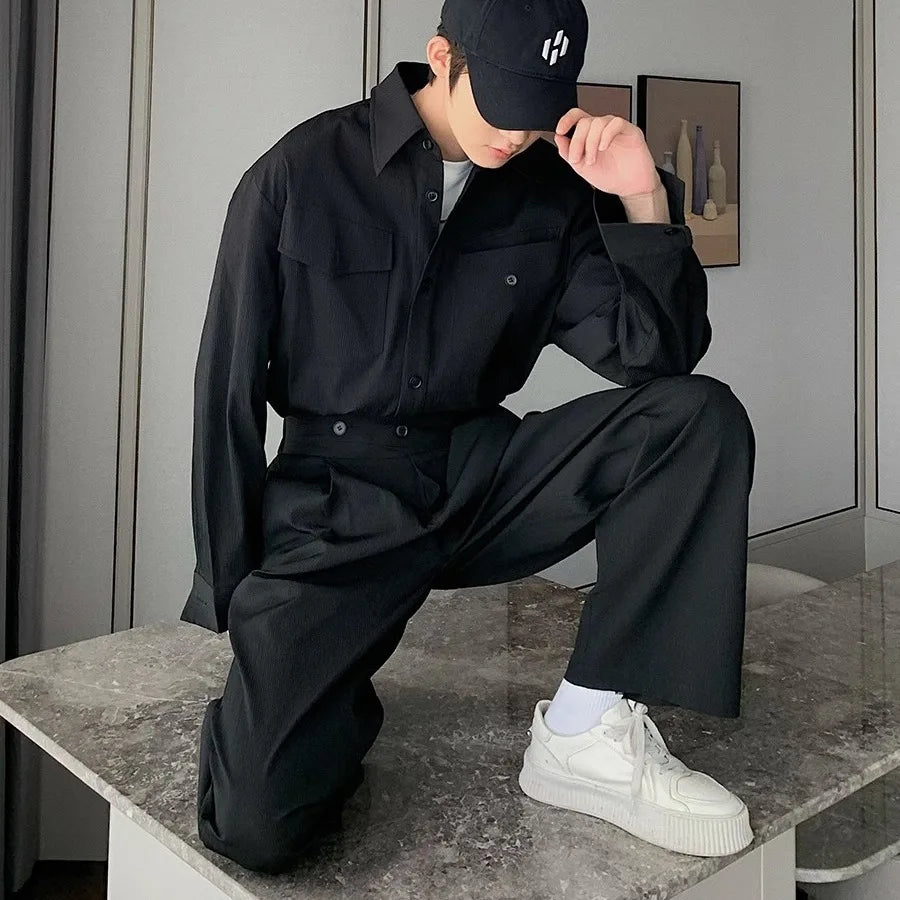 Riolio Men's Shirt Pants Set High-end Shirt Suit Trendy Spring Handsome Long-sleeved Top Loose Straight Trousers Two-piece Set