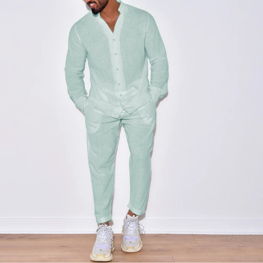 Riolio Autumn men's new fashion solid color suit cotton cardigan lapel long sleeve pants suit