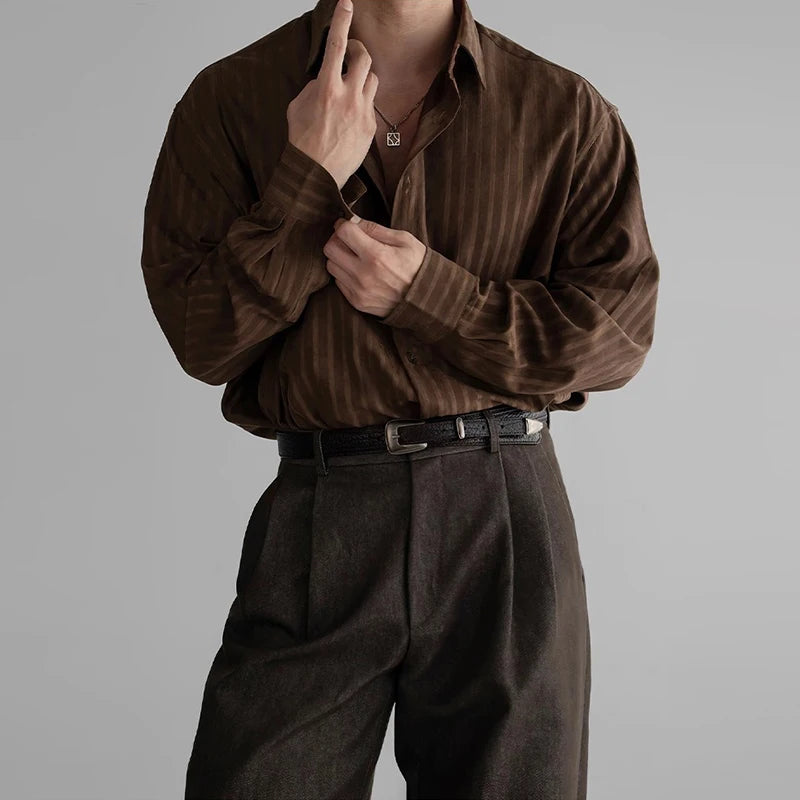 Riolio New Korean Fashion Men Shirts Light Luxury Textured Business Striped Long Sleeve Cardigan Tops Leisure High Quality Blouse M-2XL