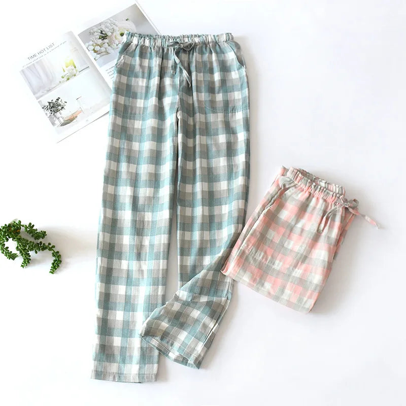 Riolio Men's Cotton Gauze Trousers Plaid Knitted Sleep Pants Woman Pajamas Pants Bottoms Sleepwear Short for Couples Pijama Hombre