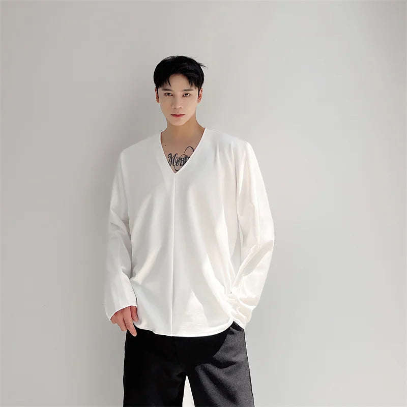 Riolio Men Casual T-shirt Long sleeves V neck shirt Solid color Sweatshirt Male Jogging Tracksuit Homme Athletic Shirt Tops