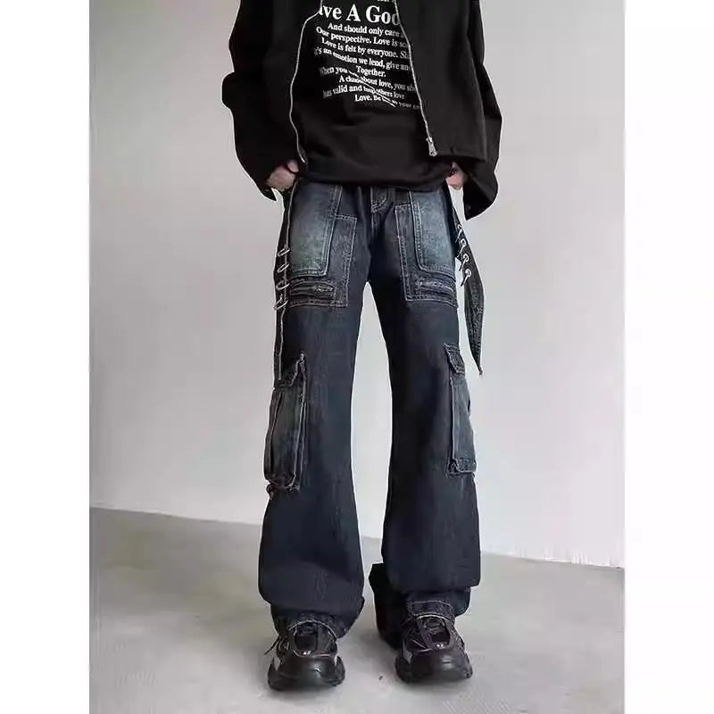 Riolio American Street Spring and Autumn Men and Women Trendy Retro Straight Tube Multi Pocket Jeans Couple Loose Casual Pants y2k