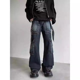 Riolio American Street Spring and Autumn Men and Women Trendy Retro Straight Tube Multi Pocket Jeans Couple Loose Casual Pants y2k