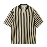 Riolio Preppy Retro Shirt Double-paired V-neck Striped Short-sleeved T-shirt Loose Casual Embroidered Letter Printed Shirt