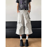 Riolio Summer Casual Pants Men Retro Pocket Cargo Pants Men Japanese Streetwear Hip-hop Loose Wide Leg Pants Mens Cropped Trousers