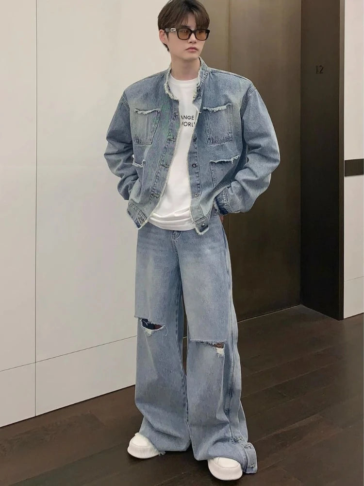 Riolio Autumn Denim Set Men Denim Jacket +Wide Leg Straight Jeans Casual Loose Solid Color Korean Style Street Stand Collar 2pcs Suit