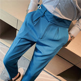 Riolio British Style Men High Waist Casual Dress Pant Men Belt Design Slim Trousers Formal Office Social Wedding Party Dress Suit Pants