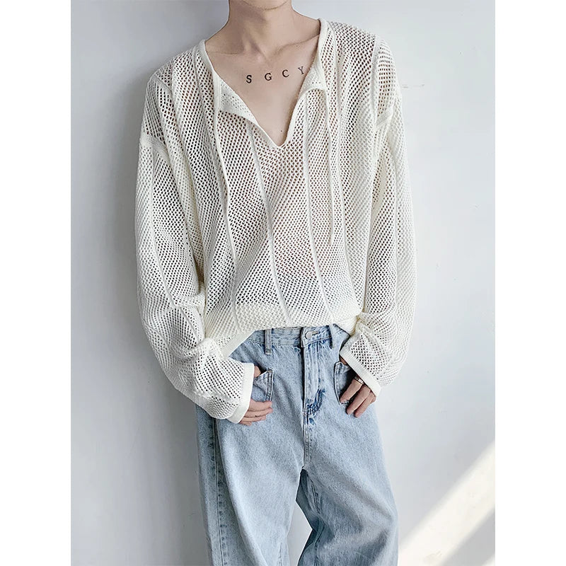 Riolio Rice White Shirts for Men Hollow Out Blouse Men Handsome Fashion Men Clothing Vacation Sexy Mesh Long-sleeved Shirts