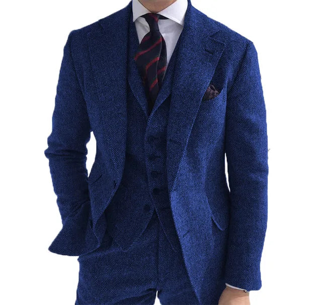 Riolio prom outfits for guys Men‘s Suits 3 Pieces Green Wool Tweed Herringbone Business Retro Classic PatternTuxedos For Wedding Blazer Pants Vest