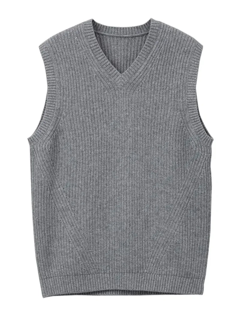 Riolio New Popular Preppy Style Men Sweater Vest Casual Knitted Streetwear Solid Color V Neck Waistcoat Leisure High Quality Knitwear