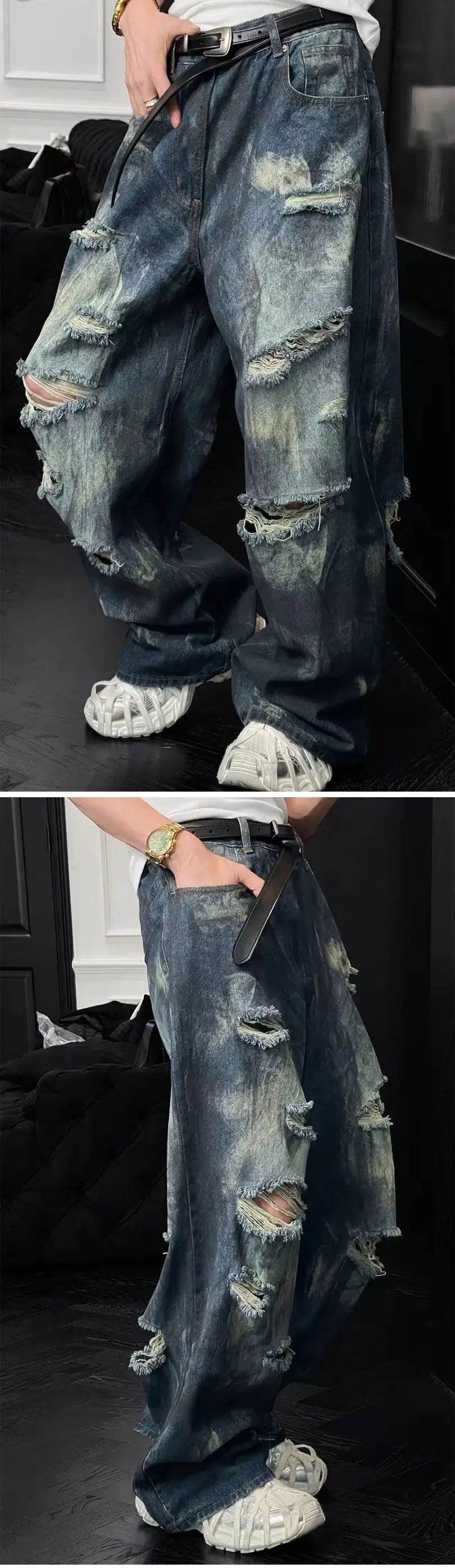 Riolio Mens Loose Fit Straight Leg Jeans Dark Blue Ripped Distressed Trendy Streetwear Fashion Casual Urban Denim Pants Hip Hop Style
