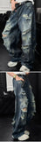 Riolio Mens Loose Fit Straight Leg Jeans Dark Blue Ripped Distressed Trendy Streetwear Fashion Casual Urban Denim Pants Hip Hop Style