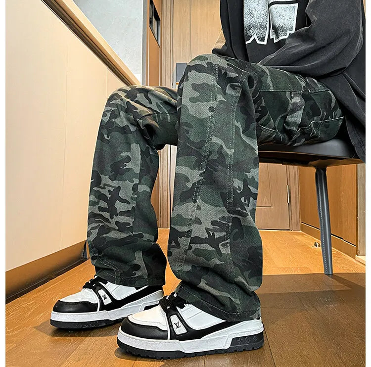 Riolio camouflage Jeans Men straight Pants patchwork male jean Fit Patchwork Streetwear Men's Trousers Denim Large size Hip Hop