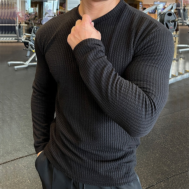 Riolio Men Fashion body-building Long Sleeve T-shirts O-Neck Solid Casual Spring Autumn Tees Men Shirt Loose Tops Streetwear Tee shirt
