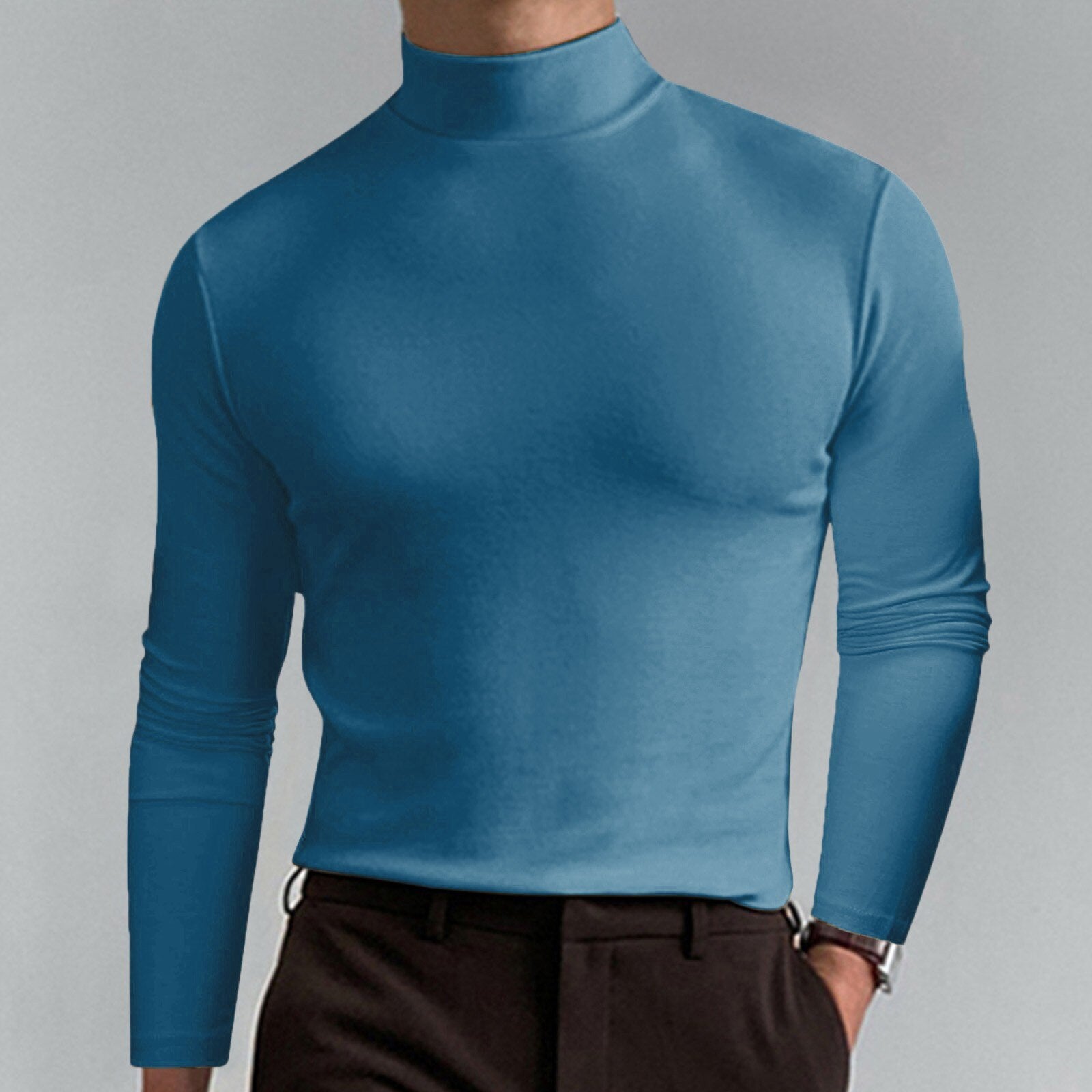 Riolio Turtleneck For Men Solid Colour Slim Elastic Thin Pullover Men Spring Autumn Turtleneck Men Knitting Basic Long Sleeve T-shirt