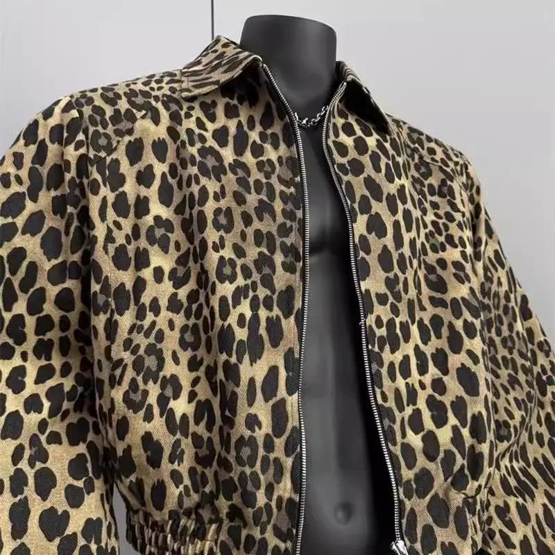 Riolio American Retro Leopard Print Jacket Men's Korean Style Style High-end Handsome Short Jacket Trendy High Street Style Denim Top