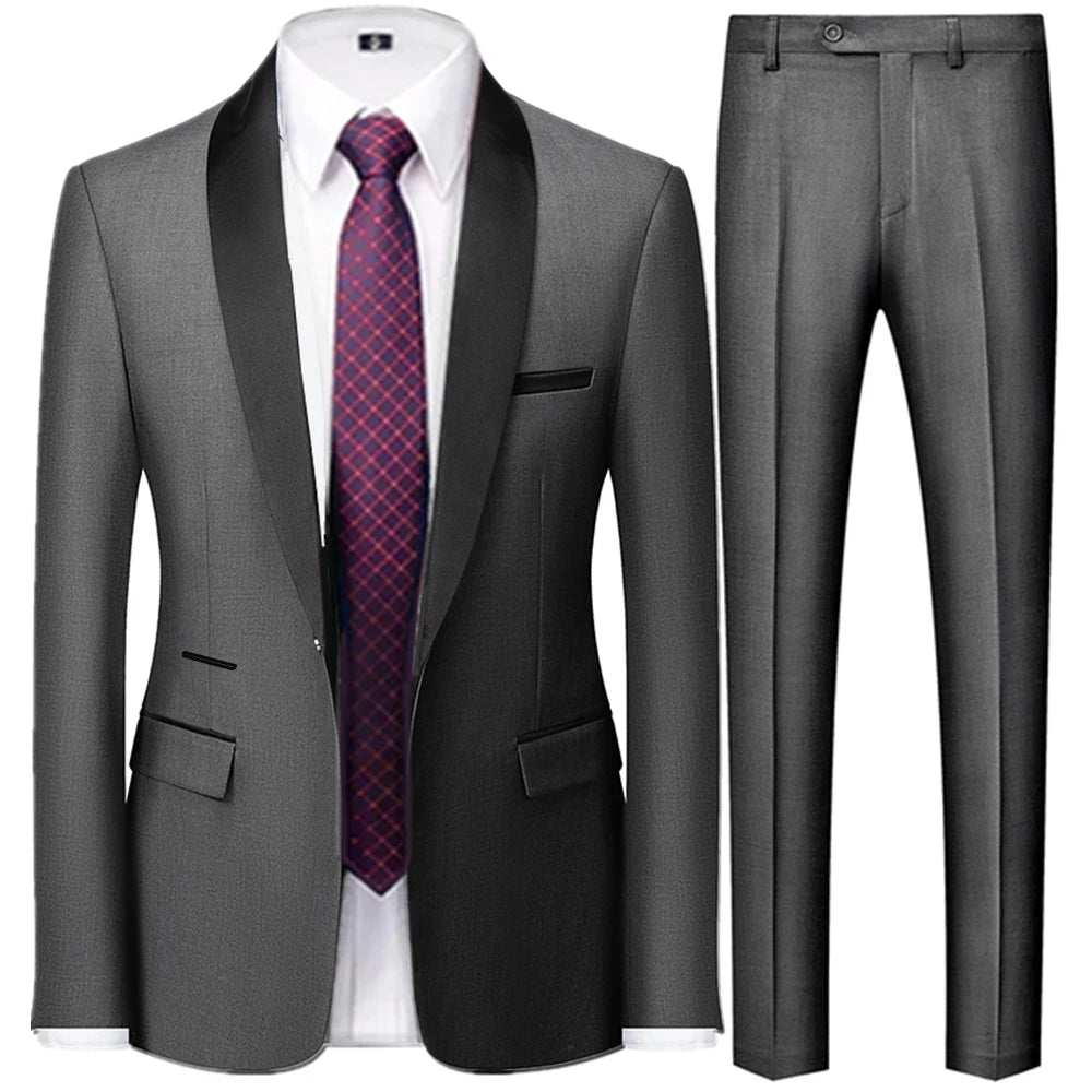 Riolio 3 Pieces Set Men's Business Blazers Coat / Male Slim Fit Color Matching Collar Suit Tuxedo Leisure Jacket Pants Vest Wedding