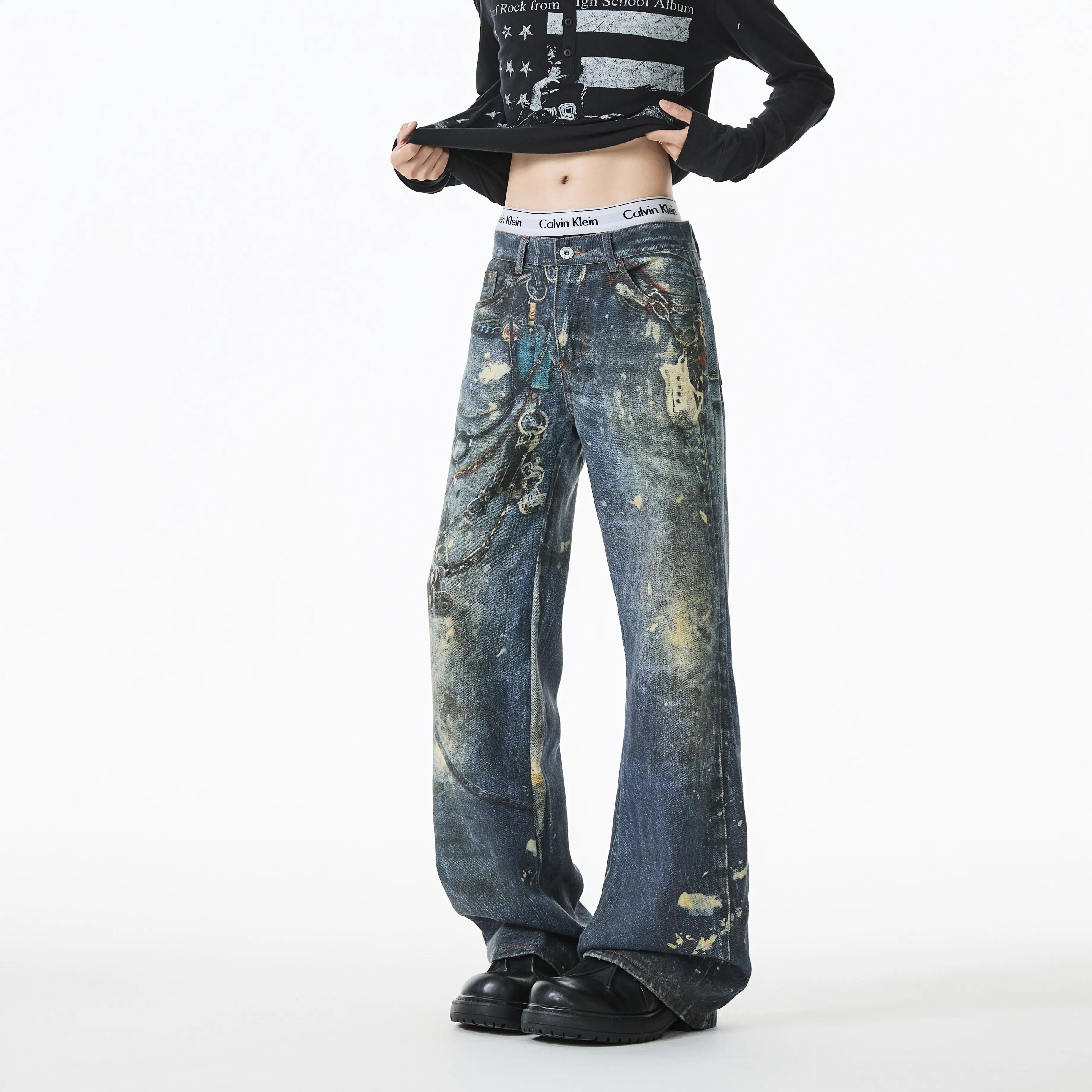 Riolio Jean Men Unique Design Graffiti Street Style Drag Jeans Urban Trendy Fashion Distressed Long Fit Casual Denim Pants Edgy Hip Hop