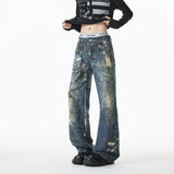 Riolio Jean Men Unique Design Graffiti Street Style Drag Jeans Urban Trendy Fashion Distressed Long Fit Casual Denim Pants Edgy Hip Hop