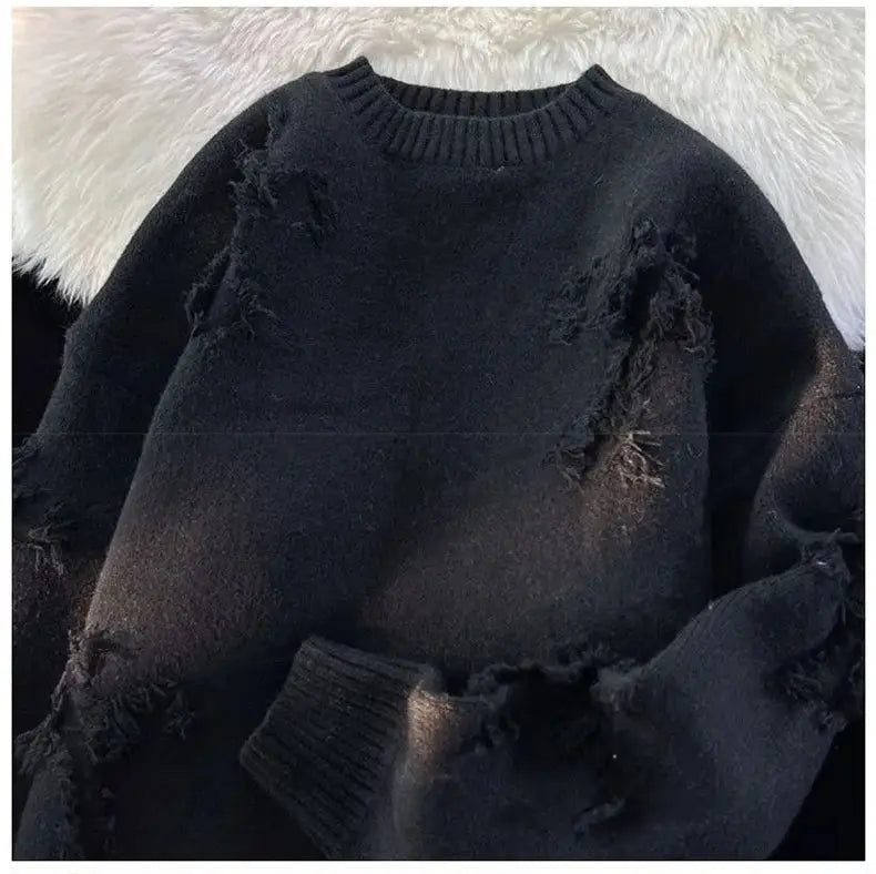 Riolio Y2k Streetwear Sweater Men New Retro Hole Fringed Sweater Loose Versatile Knitwear Pullovers Long Sleeve Jumpers Clothing