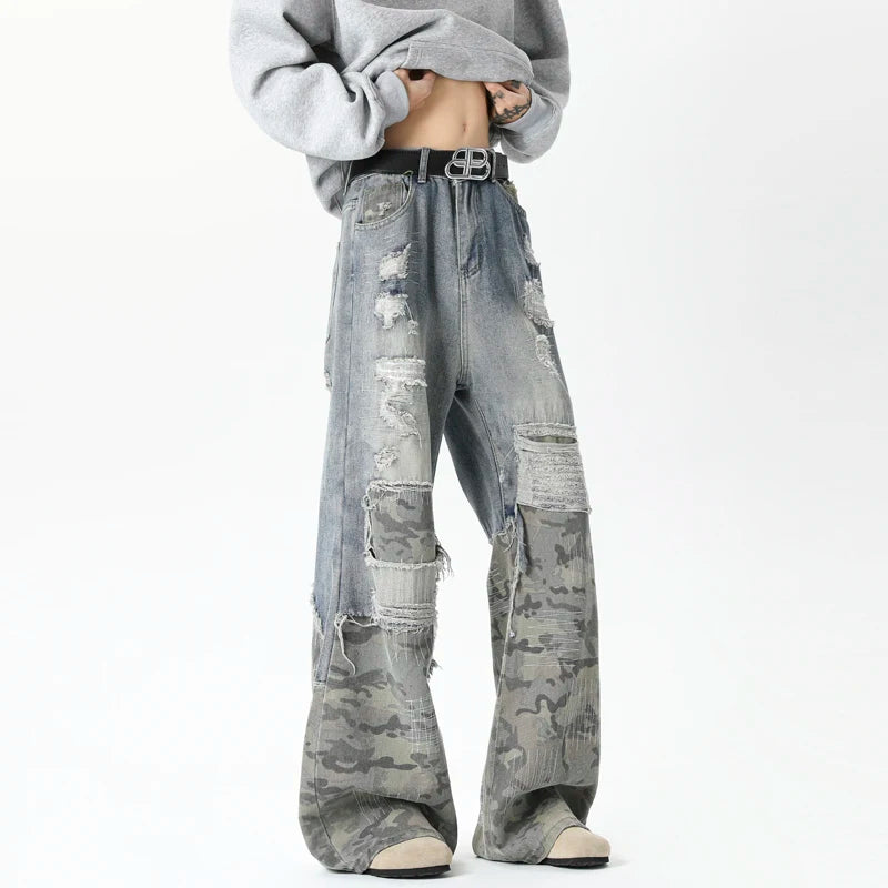 Riolio Camouflage Wide jeans men Ripped Patchwork New Mainstream Hip Hop Skateboard Men Women Streetwear High Street Super Loose Jeans