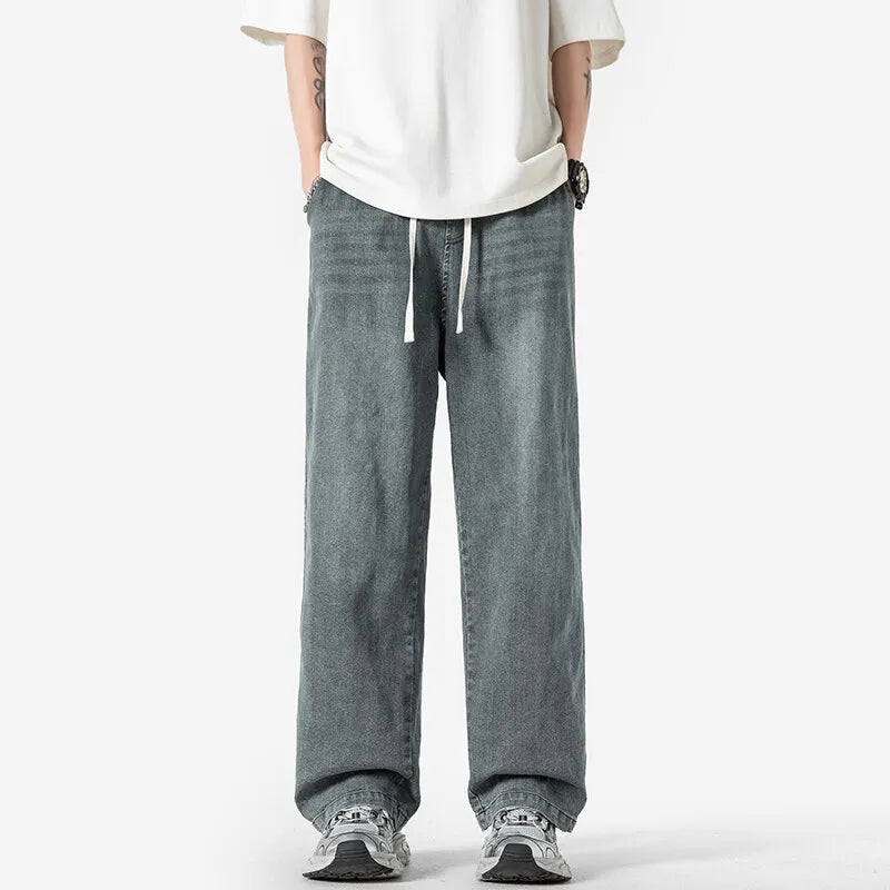 Riolio Summer Baggy Jeans Men Fashion Casual Straight Jeans Men Streetwear Hip-hop Loose Drawstring Vintage Jeans Mens Denim Trousers