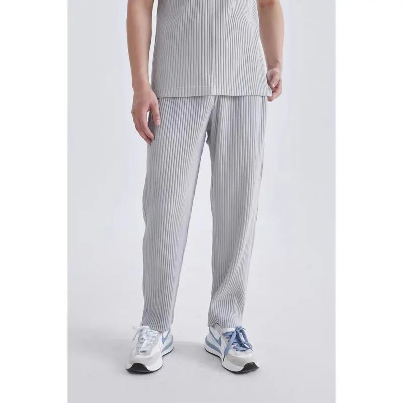Riolio Summer Casual Pants Men Fashion Gray Black Straight Pants Men Japanese Streetwear Loose Pleated Pants Mens Ice Silk Trousers
